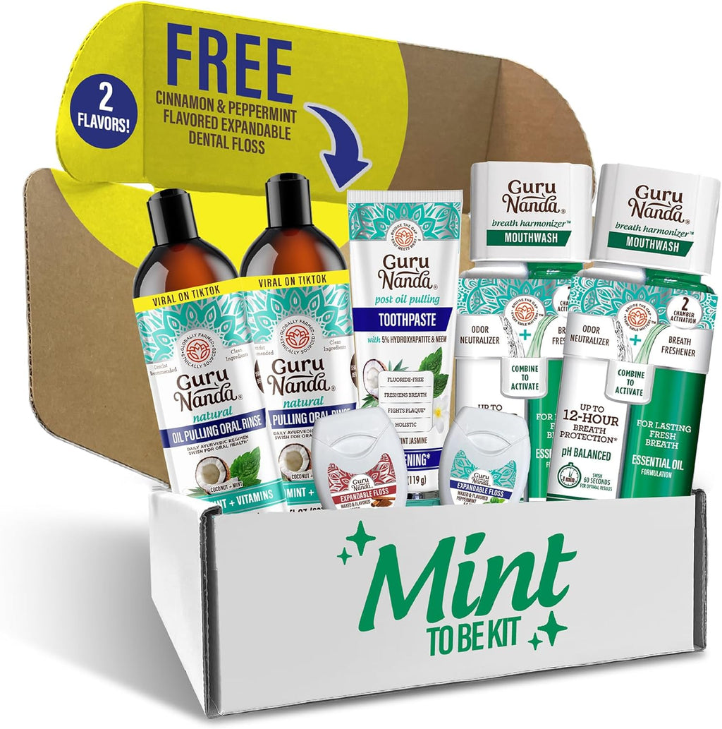 GuruNanda Mint to Be Kit – CocoMint Oil Pulling, Hydroxyapatite Neem Toothpaste, & Dual Barrel Breath Harmonizer Mouthwash for Fresh Breath & Oral Care