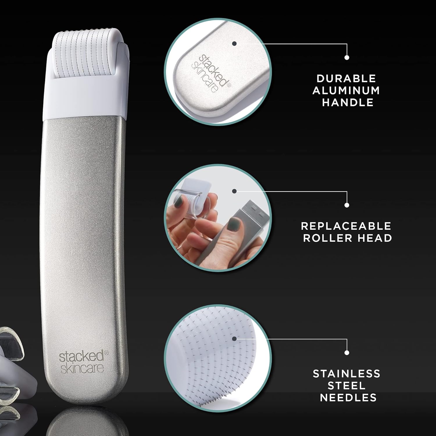 StackedSkincare Microneedling Roller with Replaceable 0.2mm Stainless Steel Needle Head - Gentle Micro Needle Roller for Face, Scalp & Body - Ergonomic Aluminum Handle for Smooth, Even, Radiant Skin