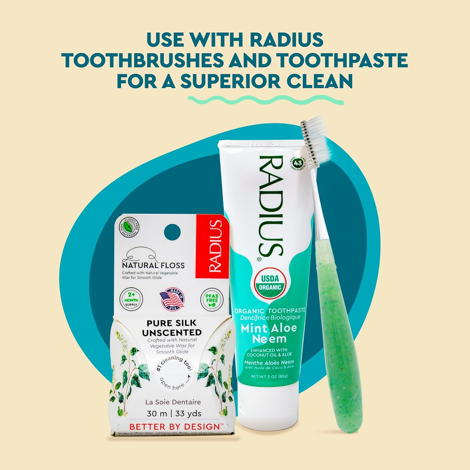 RADIUS Natural Unscented Silk Dental Floss 33 Yards Vegan & Non-Toxic Oral Care Boost & Designed to Help Fight Plaque Clear - Pack of 1