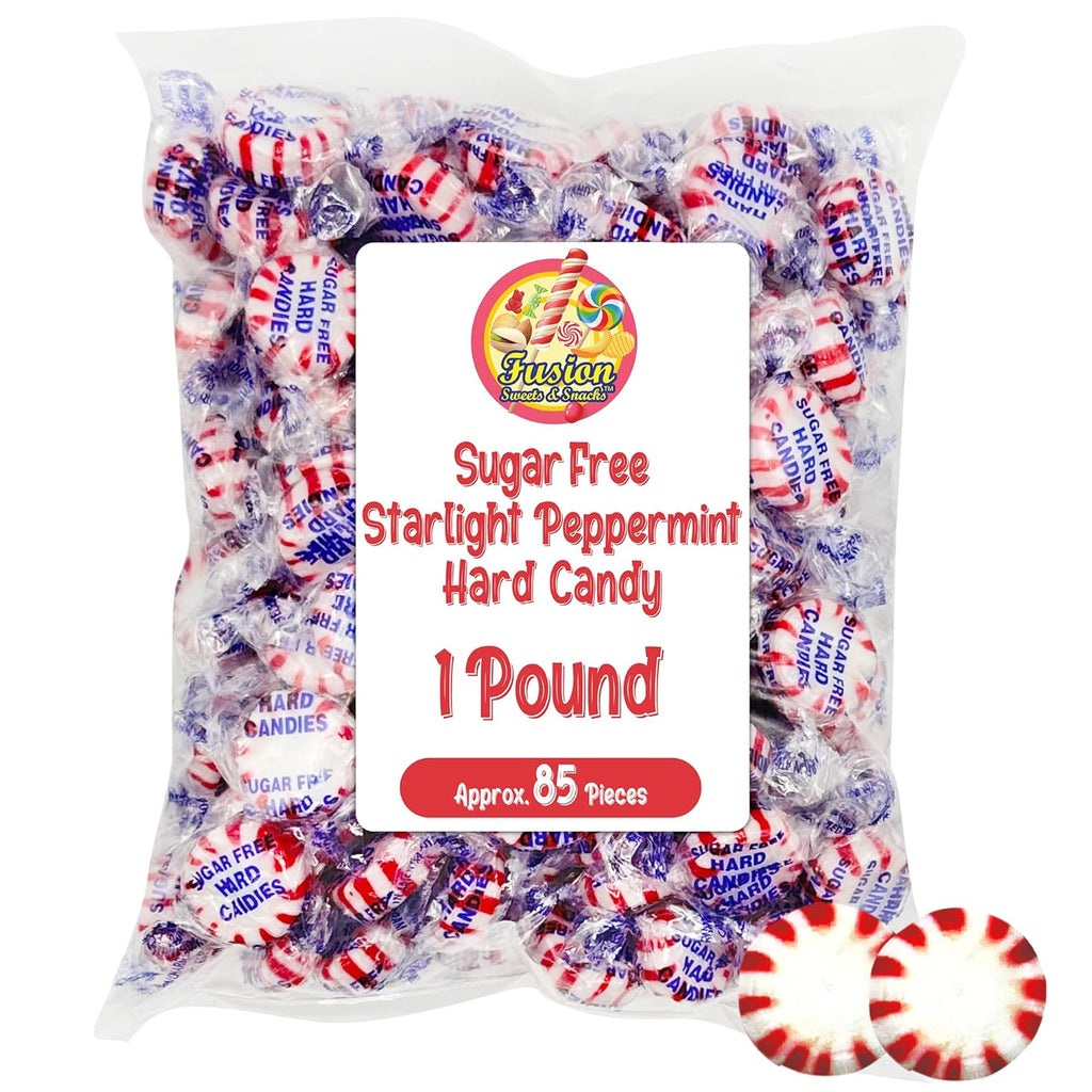 Sugar Free Peppermint Starlight Candy - 1 Pound Bulk Bag (Approx 90 Count) - Individually Wrapped - Valentines Day & Holiday Peppermint Mints- Keto & Diabetic Friendly Sugarless Hard Candy
