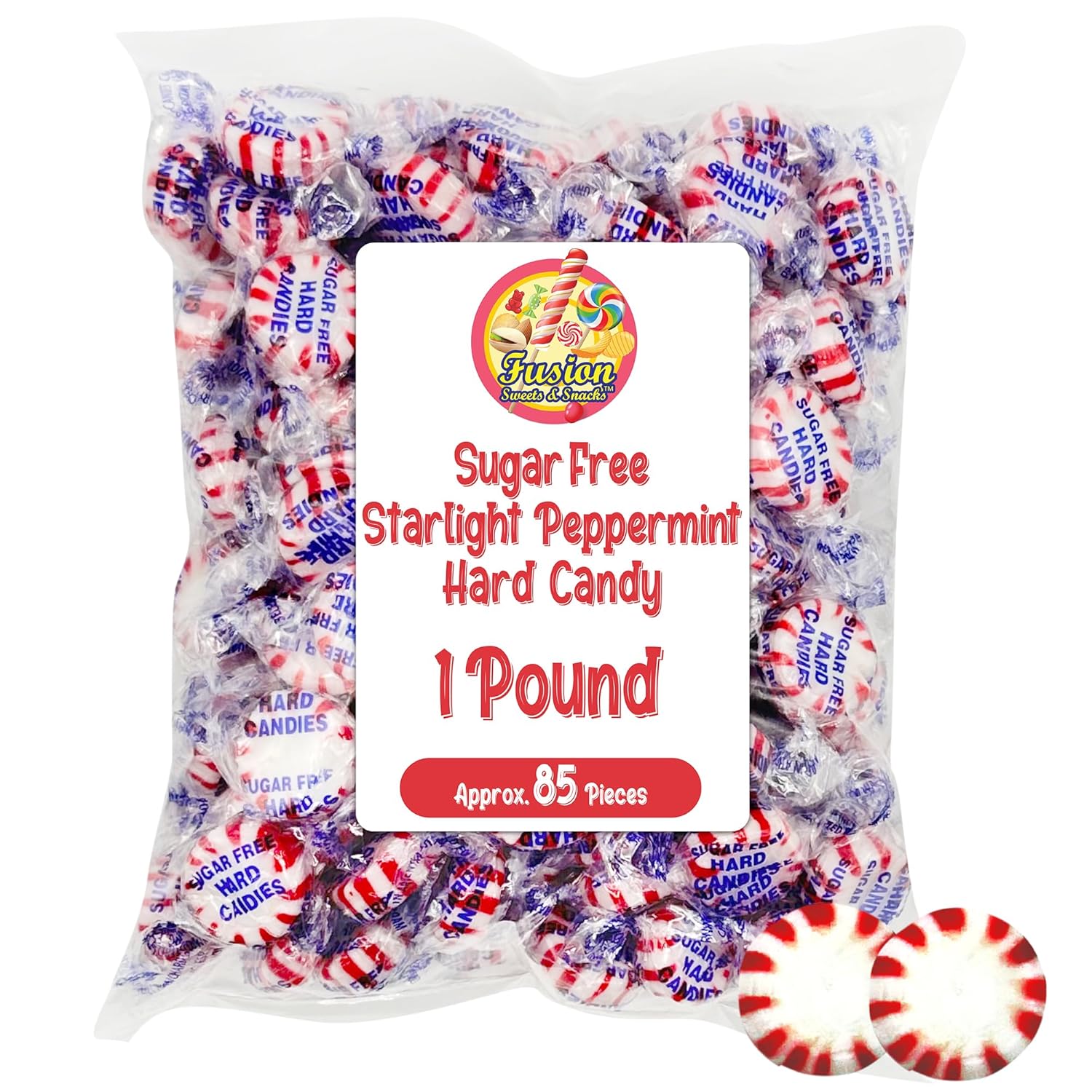 Sugar Free Peppermint Starlight Candy - 1 Pound Bulk Bag (Approx 90 Count) - Individually Wrapped - Valentines Day & Holiday Peppermint Mints- Keto & Diabetic Friendly Sugarless Hard Candy