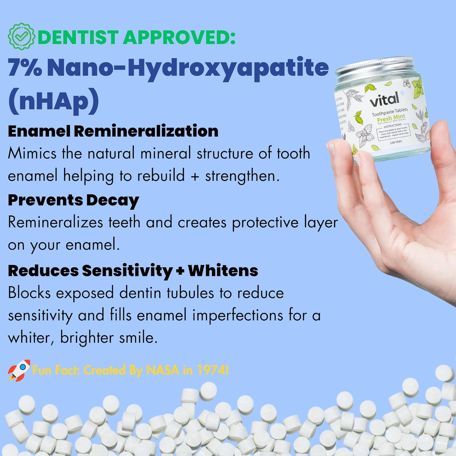 Vital Toothpaste Tabs with 7% Nano-Hydroxyapatite | Naturally Whitens + Remineralizes Teeth | Fluoride & Plastic Free | Combats Sensitivity | Travel & Eco Friendly | Fresh Mint | 248 Tablets (4 Month)
