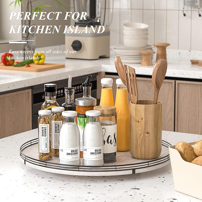 21" Lazy Susan Wood Turntable Organizer for Kitchen Decor, Farmhouse Round Wooden Lazy Susan Organization and Storage for Cabinet, Dining Table, Bathroom, Countertop,Centerpiece, Home Decor Whitewased