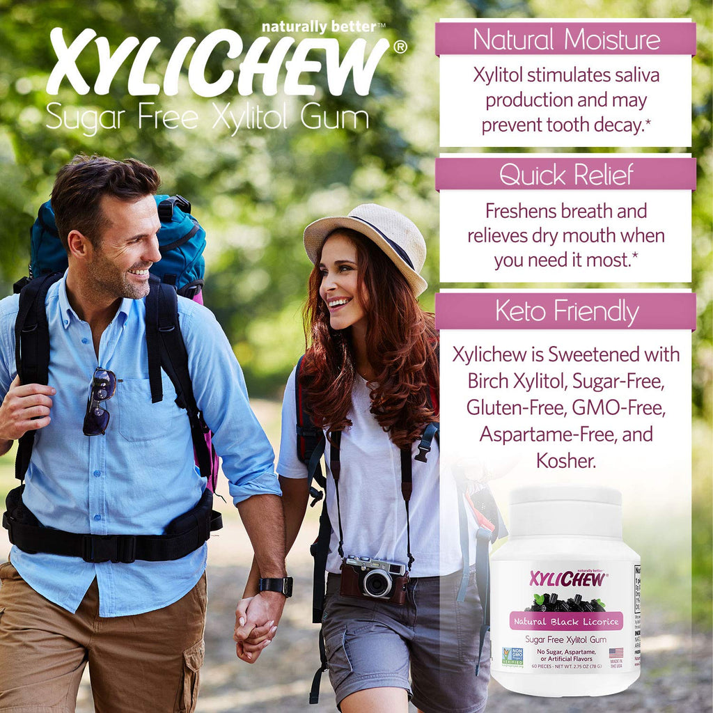 Xylichew 100% Xylitol Chewing Gum - Non GMO, Non Aspartame, Gluten Free, and Sugar Free Gum - Natural Oral Care, Relieves Bad Breath and Dry Mouth - Licorice, 60 Count