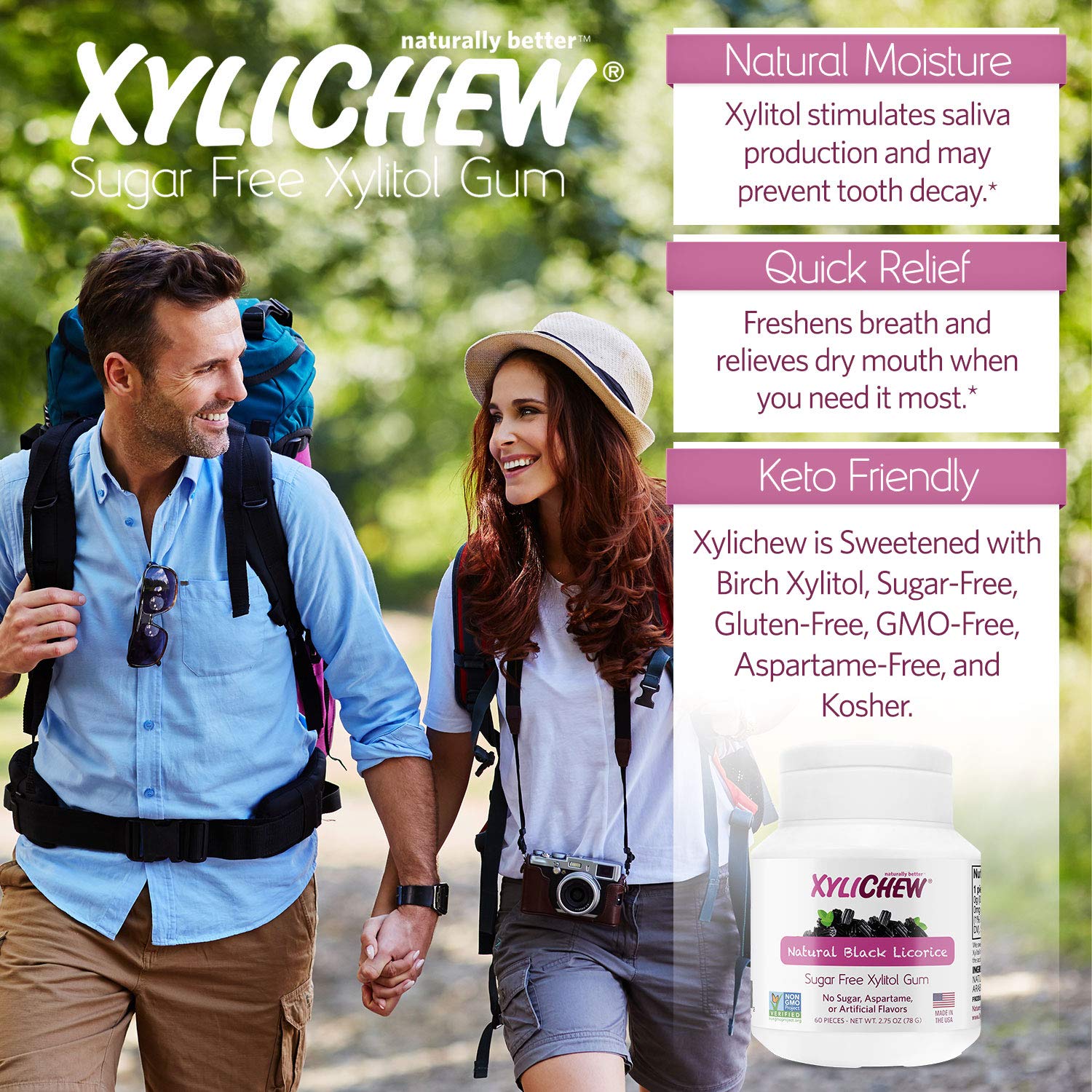Xylichew 100% Xylitol Chewing Gum - Non GMO, Non Aspartame, Gluten Free, and Sugar Free Gum - Natural Oral Care, Relieves Bad Breath and Dry Mouth - Licorice, 60 Count