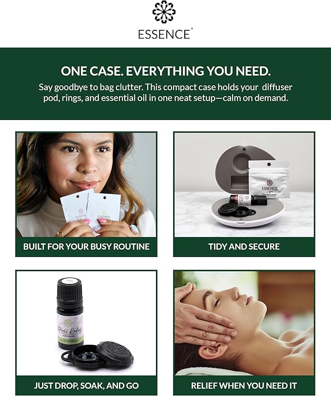 Essence Pearl Travel Case - Wearable Aromatherapy Kit with Nasal Diffuser Rings, Soaking Bay, and 5mL Essential Oil – Portable Wellness Gift Set for On?The?Go Self Care