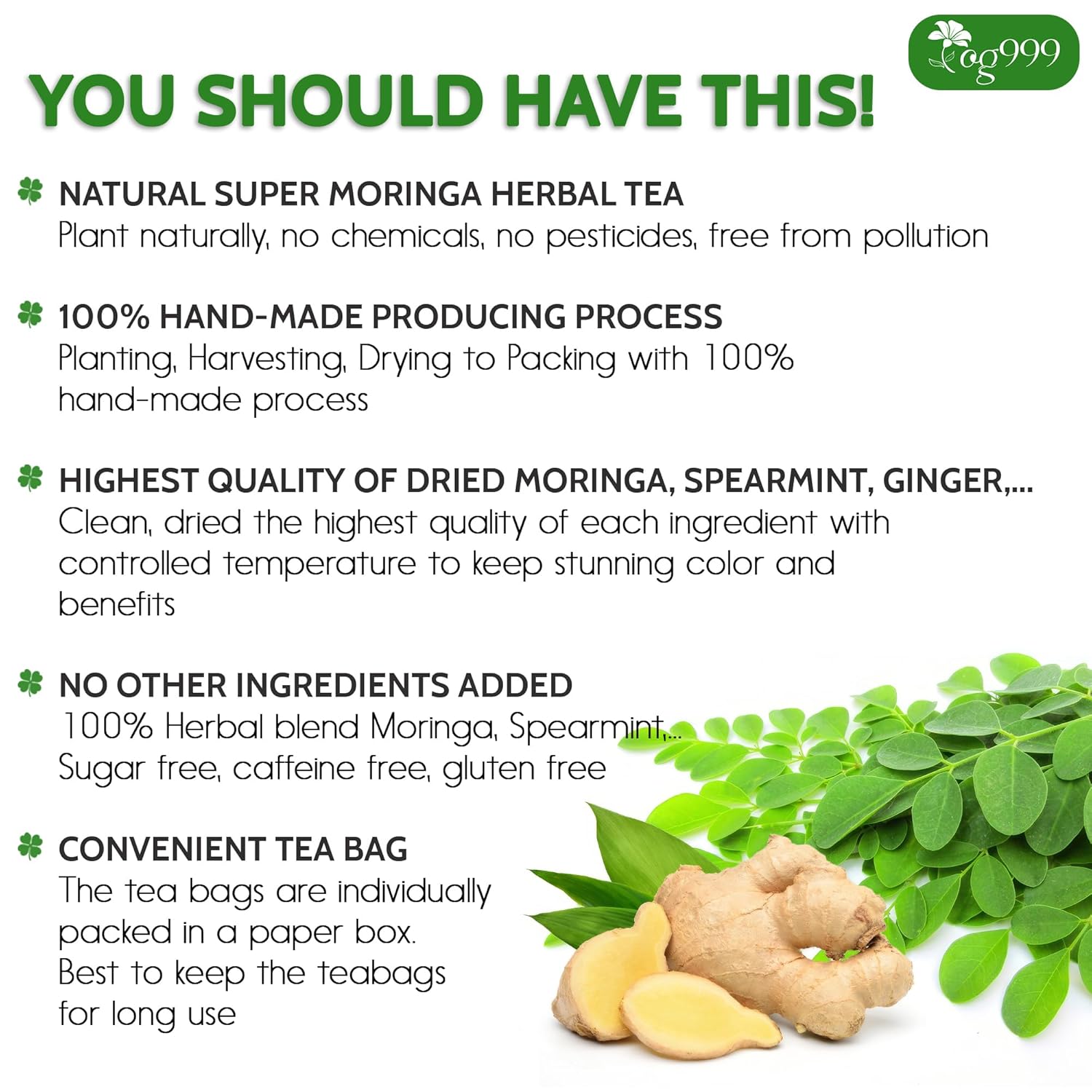 TOG999, Premium 20 Tea bags Super Moringa Herbal Tea, Special Blend of Moringa Leaves, Spearmint Leaves, Ginger, Lemon Peel and Chamomile. No Sugar, No Caffeine, No Gluten, Vegan.