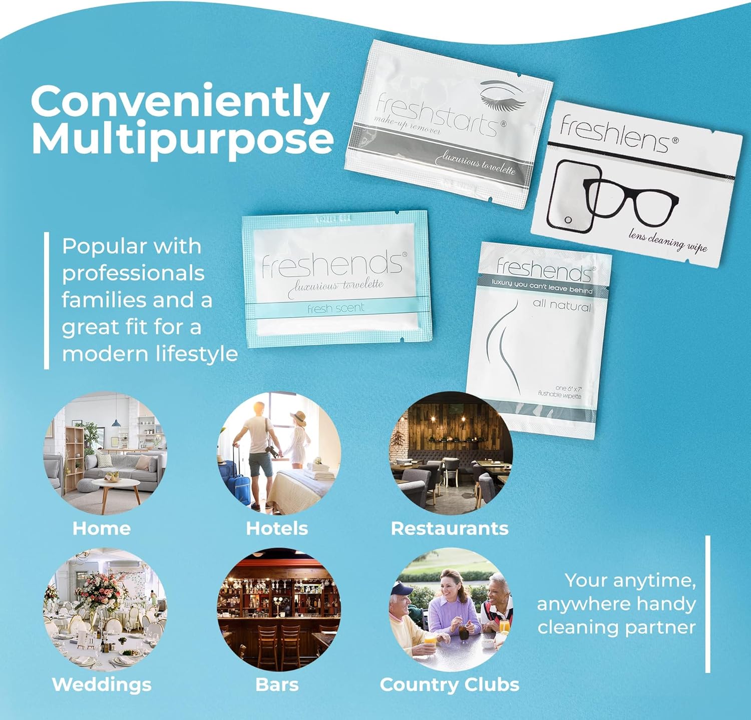 Freshends Luxurious Towelette Bundle Flushable Wipes for Adults - Flushable Wet, Personal Care Bathroom Wipes, Individually Packed Wet Tissues - Travel (100-Pack, Gray/Blue)