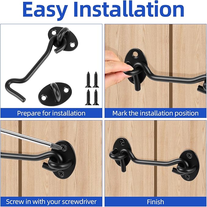 6" Black Stainless Steel Gate Latch, Barn Door Lock with Screws, Privacy Hook for Inside Door, Fence, Window, 4 PCS