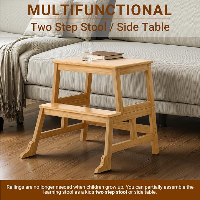 COSYLAND Kids Kitchen Step Stool，Toddler Standing Tower with CPC Certification, Removable Anti-Drop Railing Safety Rail Unique Patented Design Anti-tip Structure More Stable, 1.5-3 yrs Natural Bamboo