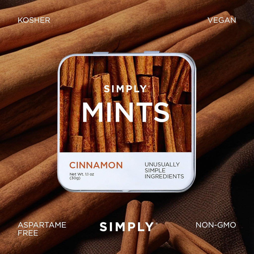 SIMPLY Mints | Cinnamon Breath Mints | Pack of Six (180 Pieces Total) | Breath Freshening + Aspartame-Free + Vegan + non-GMO