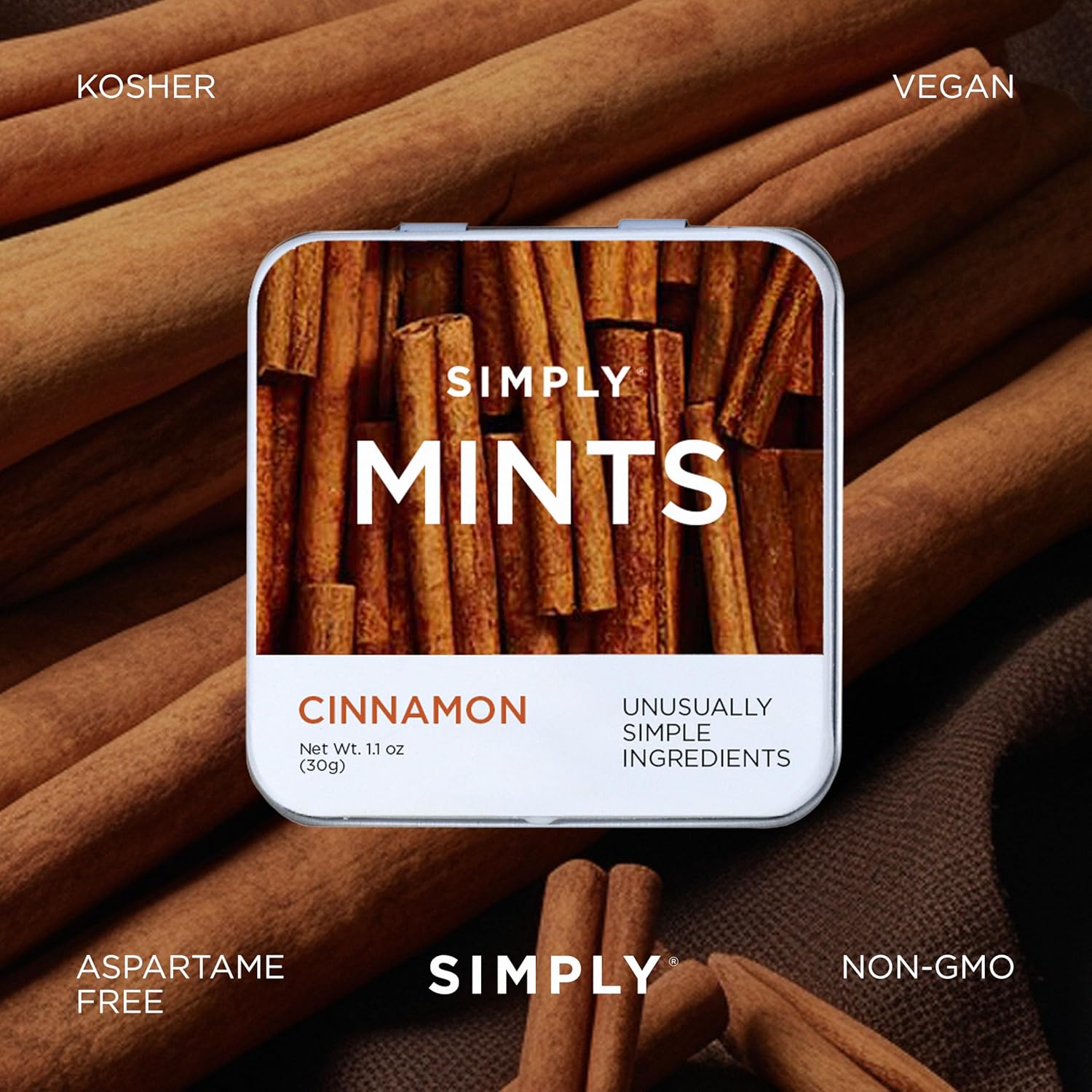 SIMPLY Mints | Cinnamon Breath Mints | Pack of Six (180 Pieces Total) | Breath Freshening + Aspartame-Free + Vegan + non-GMO