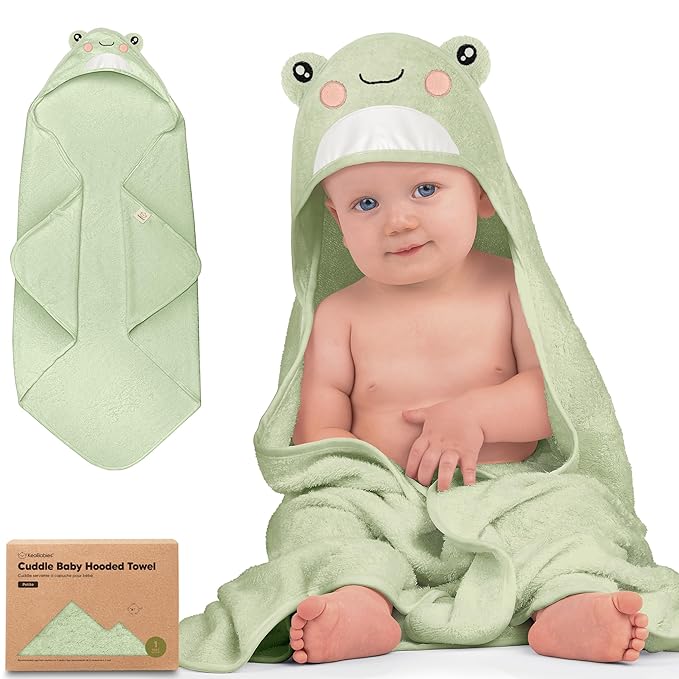 KeaBabies Hooded Baby Towel for Newborn - Viscose Derived from Bamboo Large Baby Bath Towels with Hood for Boys, Girls, Toddler, Extra Absorbent & Soft Newborn Bath Essentials (Frog, Petite)