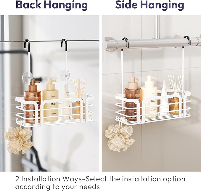 SWTYMIKI Shower Caddy Hanging Organizer - Over the Door Shower Caddy with 6 Hooks, 2 Installation Ways, Stainless Steel Rustproof Bathroom Organizer, White