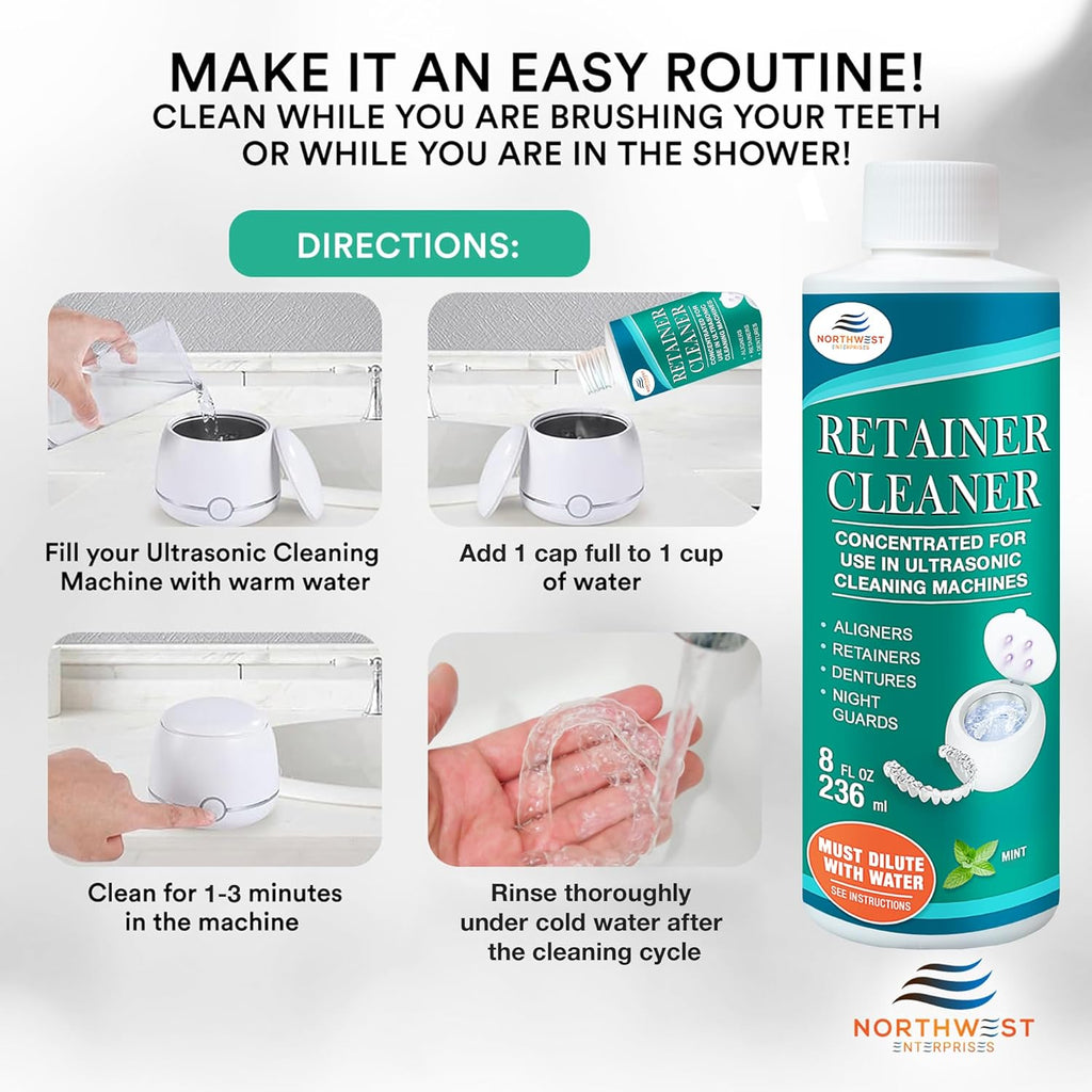 Ultrasonic Retainer Cleaner Solution Concentrate - Ultrasonic Denture Cleaner for Ultrasonic Machines - Cleans Mouthguards, Invisalign, and Nightguards - Updated Formula (Mint) (32 Ounces)