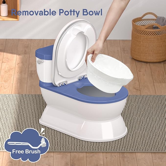 2-in-1 Toddler Potty Training Toilet - Larger Potty Chair & Detachable Training Seat for Boys & Girls Ages 1-3 with Flushing Sound, Wipes Storage, Toilet Paper Holder - Blue