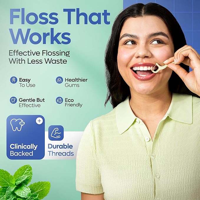 SmartLifeco Eco-Friendly Dual-Thread Dental Floss Picks (100ct) - Flossers Made with Straw Wheat Blend, Superior Anti-Shred for Tight Gaps, Tooth Pick Stick for Adults, Soft on Gum & Teeth, Mint