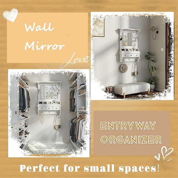 Merax Floating Hall Tree 2-in-1 Entryway Storage Makeup Vanity, with Coat Rack Hooks & 3 Drawers & Big Mirror & Key Hooks, Space-Saving Wall-Mounted Home Organizer for Small Space, White