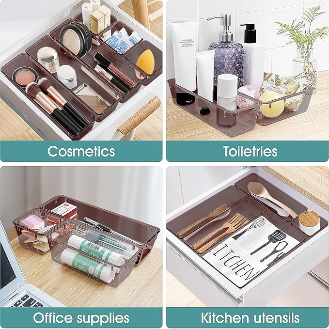 WOWBOX 25 PCS Plastic Drawer Organizer Set, 4 Sizes Desk Drawer Divider Organizers and Storage Bins for Makeup, Jewelry, Gadgets for Kitchen, Bedroom, Bathroom, Office, Clear Brown