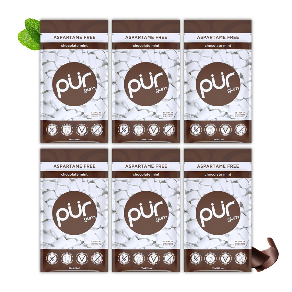 PUR Gum | Aspartame Free Chewing Gum | 100% Xylitol | Natural Chocolate Mint Flavored Gum, 55 Pieces (Pack of 6)