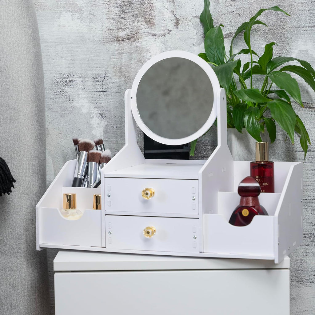 Wooden Makeup Organizer – Countertop Makeup Organizers with Mirror, Drawers – Cosmetic Organizer for Brushes, Skincare – Elegant Make Up Storage Holder for Vanity, Bathroom, Dresser