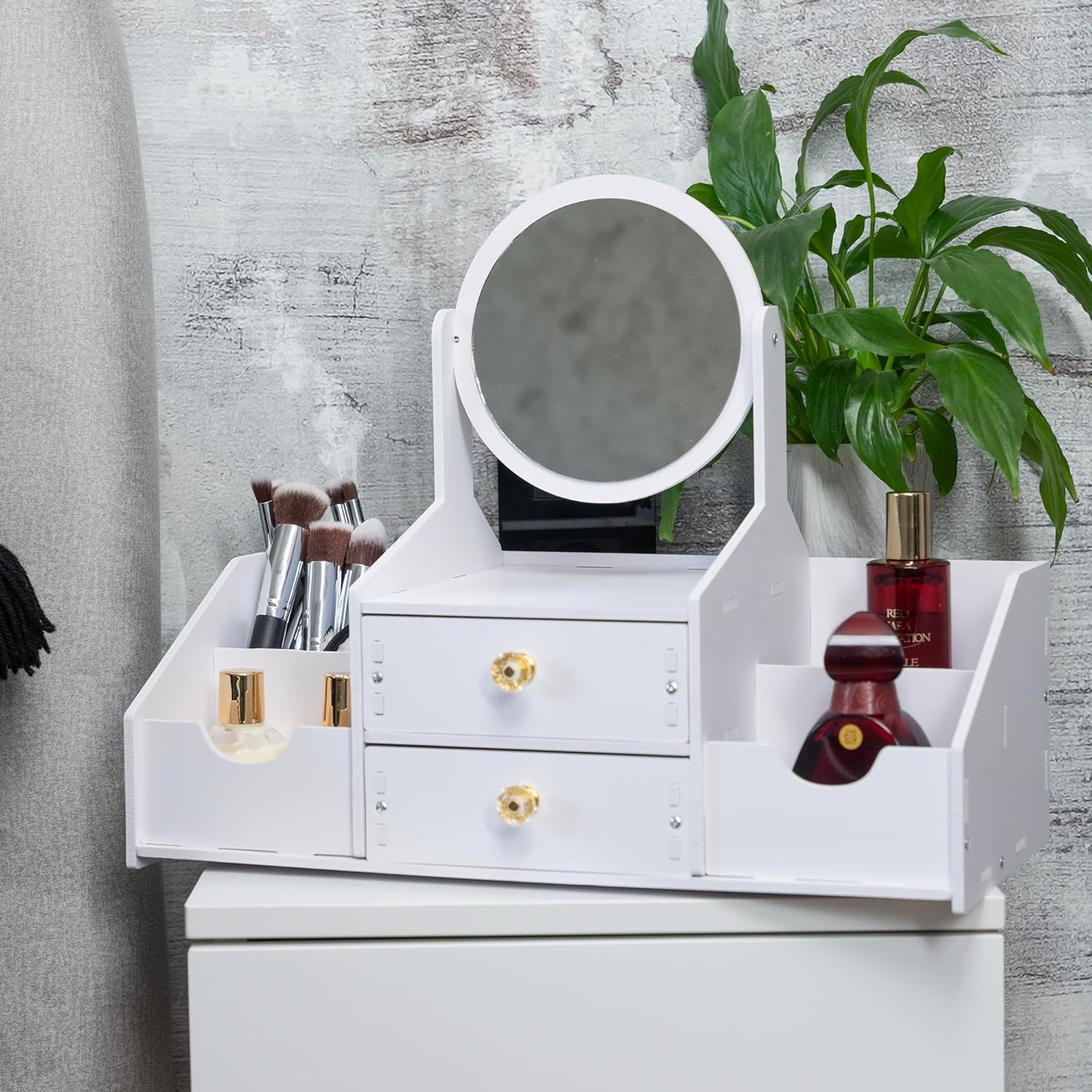 Wooden Makeup Organizer – Countertop Makeup Organizers with Mirror, Drawers – Cosmetic Organizer for Brushes, Skincare – Elegant Make Up Storage Holder for Vanity, Bathroom, Dresser