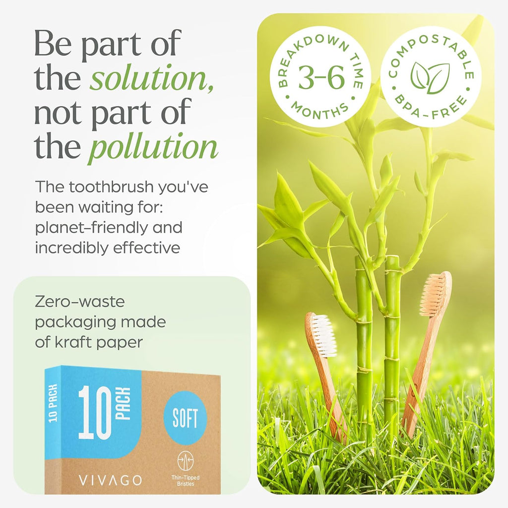 Soft Flossing Bamboo Toothbrushes 10 Pack - BPA Free Soft Bristles Toothbrushes for Adults, Natural Wooden Toothbrush