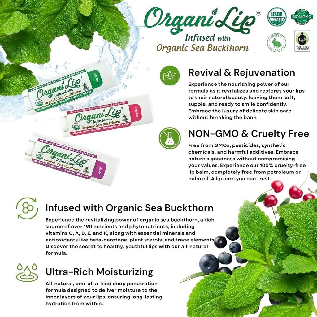 OrganiLip Organic Lip Balm, Acai Flavor, Ultra Hydrating Lip Moisturizer for Cracked or Dry Lips, Oval Shaped Tube, USDA Certified Organic, 3 Pack