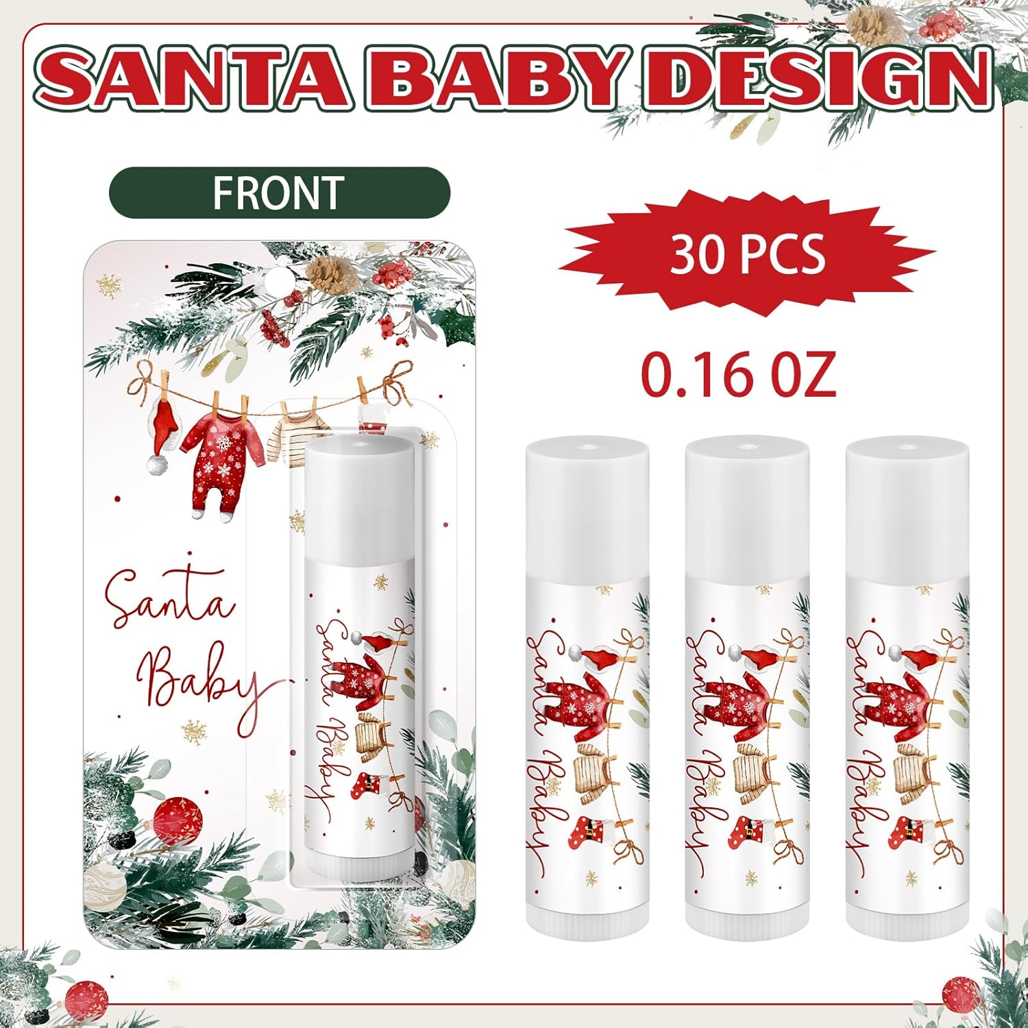 30 Pack Santa Baby Shower Games Prizes Party Gifts Bulk Lip Balms Favors for Winners Adults Guests Gender Reveal Favors Decorations Baby Shower Souvenirs Gift Bags Stuffers