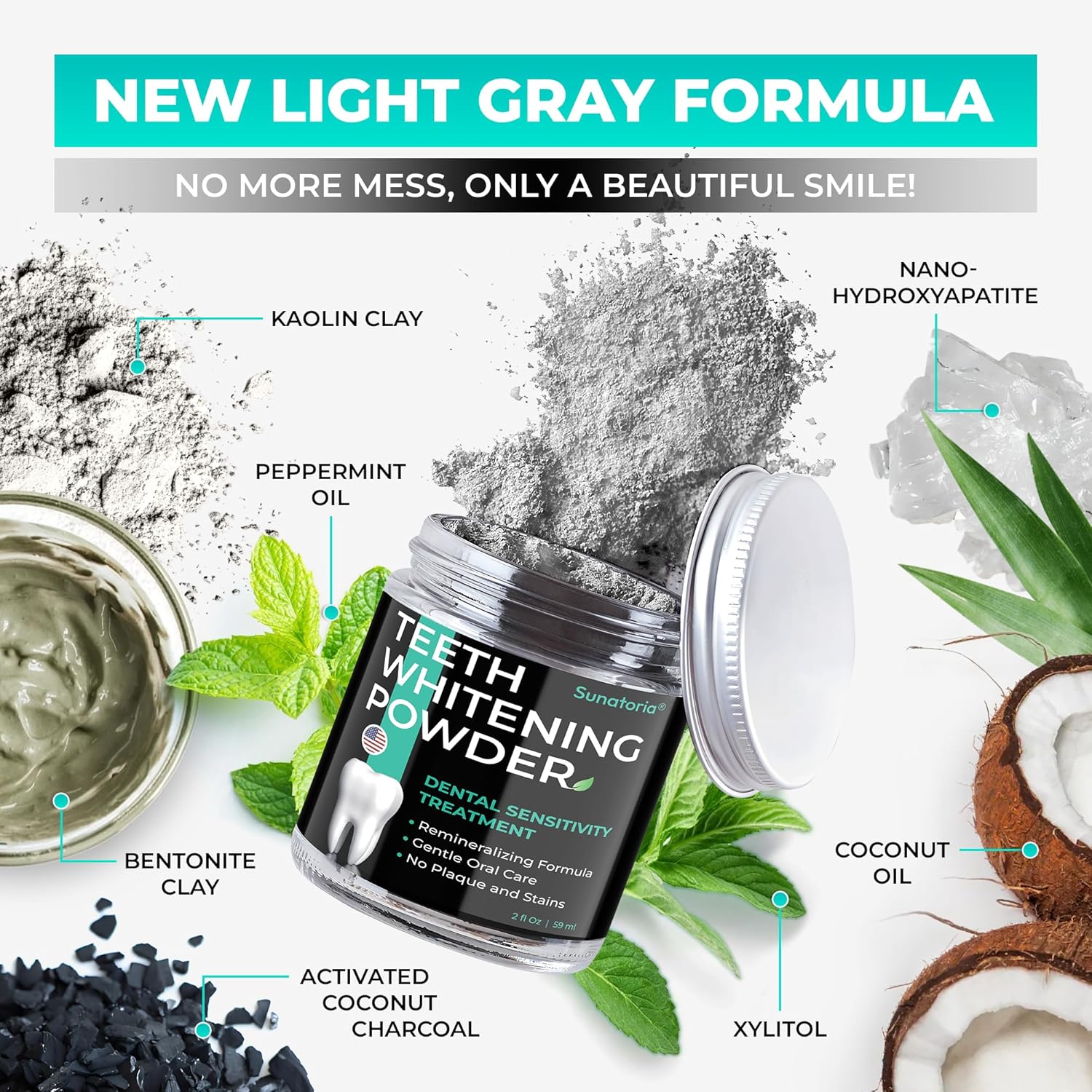 Teeth Whitening Powder – Remineralizing Tooth Powder with Nano-Hydroxyapatite, Xylitol, Charcoal + Bentonite Clay, Fluoride-Free Mint | Powder Toothpaste, Dental Sensitivity Treatments, 2 oz
