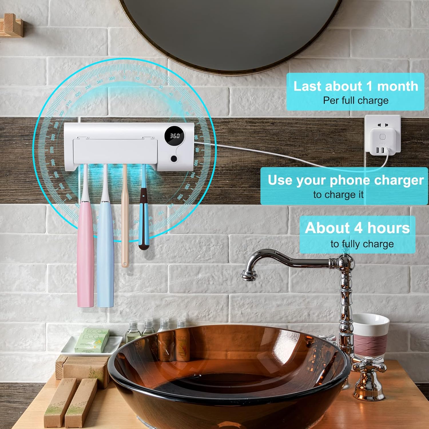 StarWin UV Toothbrush Cleaner, Timer Function, Rechargeable Tooth Brush Holder Wall-Mounted for Bathroom, No Drilling, 4 Slots