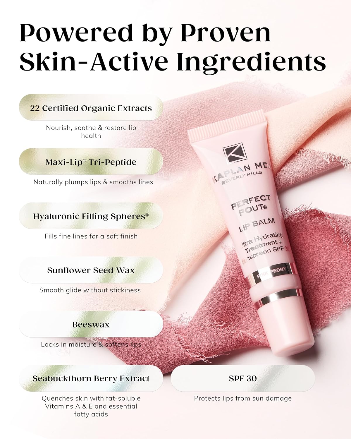 KAPLAN MD Perfect Pout SPF Lip Balm - Ultra Hydrating Lip Treatment for Dry, Chapped Lips - Sunscreen SPF 30 - Smooths Fine Lines - Glossy Finish - Non-Sticky Texture - Pink Peony