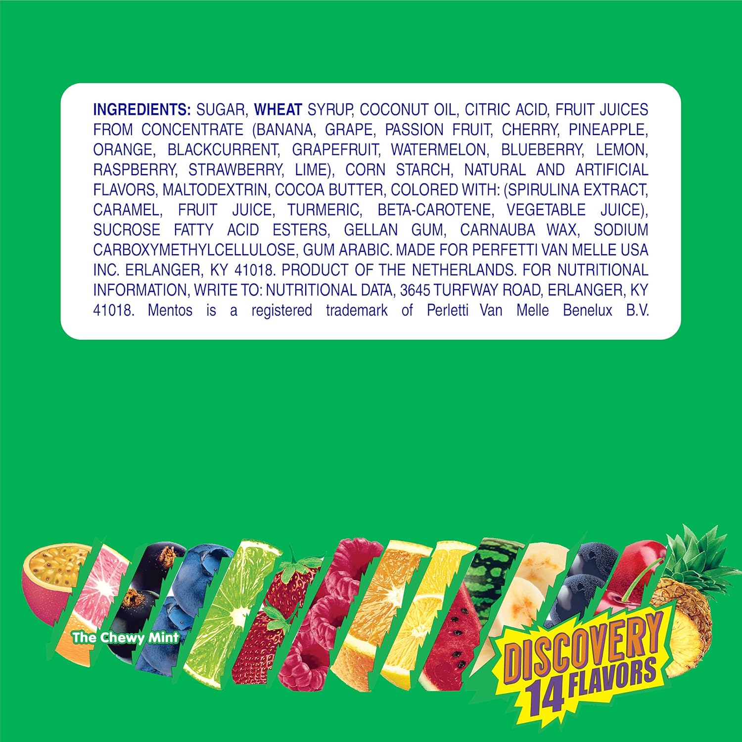 Mentos Chewy Mint Candy Roll, Discovery 14 Assorted Fruit Flavors, 14 Pieces Per Roll, 15 Count Showbox