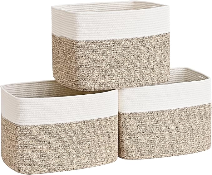 3 Pack Cube Storage Bin, 17”x12”x12” Cotton Rope Woven Baskets for Organizing Toys Clothes Towels, Square Gift Storage Baskets for Shelf, Nursery, Closet, Bathroom, Pantry (White & Jute)