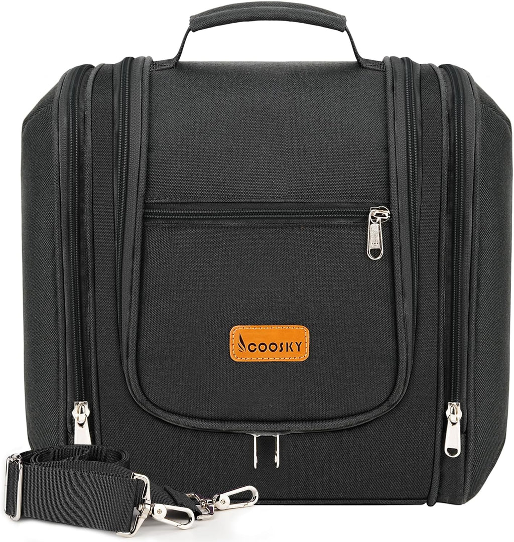 Travel Hanging Toiletry Bag for Women and Men, 6 Organizer Compartments, Holds Full Size Bottles, Extra Large Cosmetic Accessories, Makeup essentials, Bathroom Water-resistant Toiletries Bag, Black