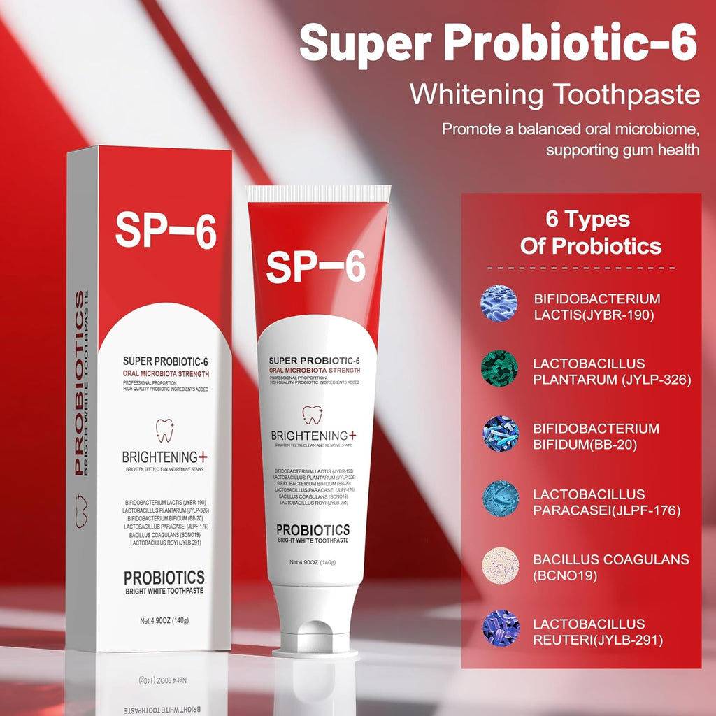 SP-6 Probiotic Whitening Toothpaste for Teeth Whitening/Brightening & Fresh Breath, 6 Probiotics Formula for Gum Health, Fluoride-Free, Minty Fresh Flavor,4.9 oz (1, Mint1)