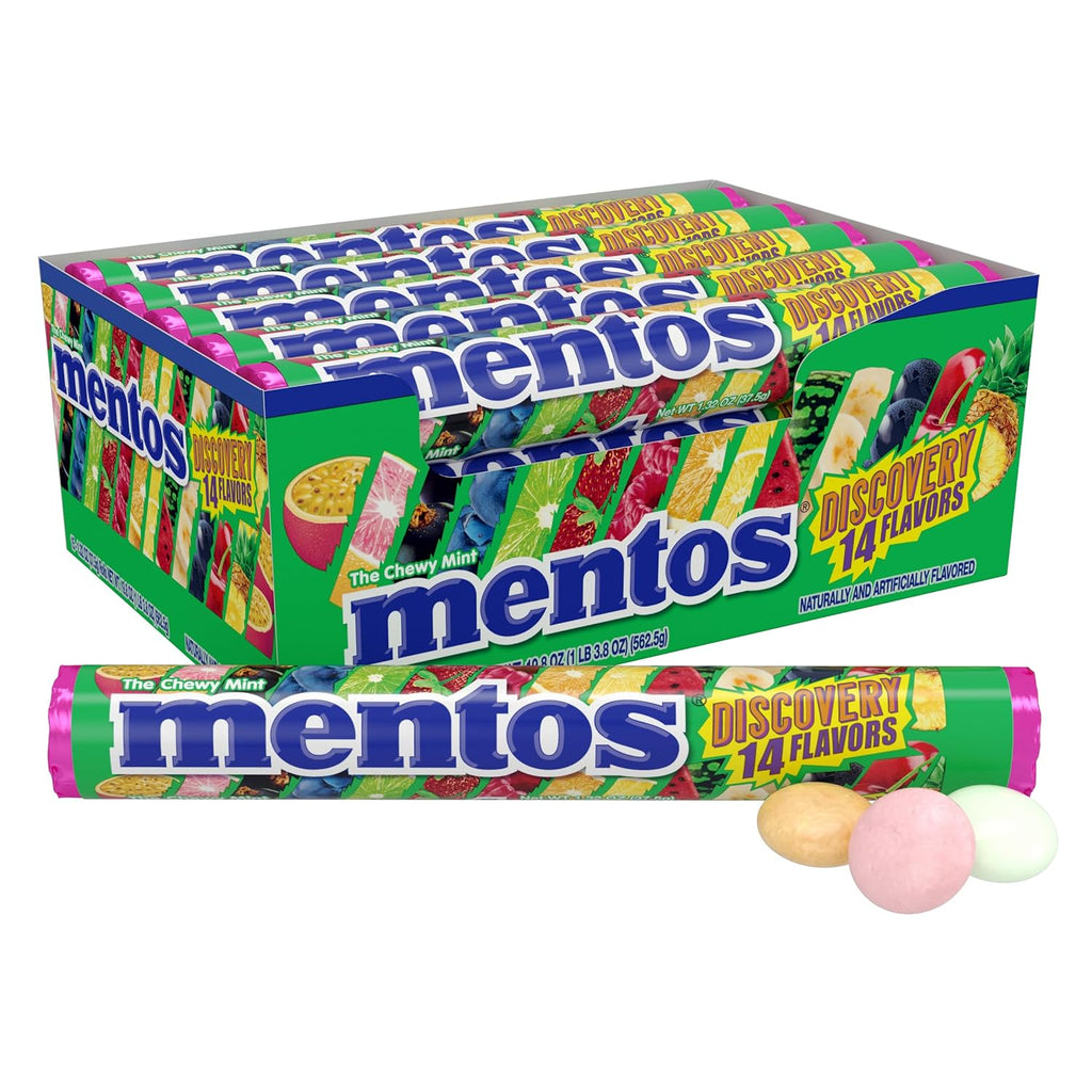 Mentos Chewy Mint Candy Roll, Discovery 14 Assorted Fruit Flavors, 14 Pieces Per Roll, 15 Count Showbox