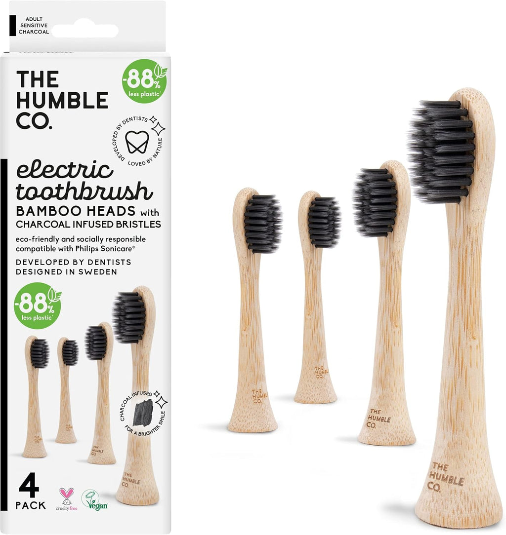 The Humble Co. Bamboo Electric Toothbrush Heads 4pk - Replacement Heads Compatible with Philips Sonicare Toothbrush, Helps Remove Plaque and Eliminate Bad Breath (Charcoal)