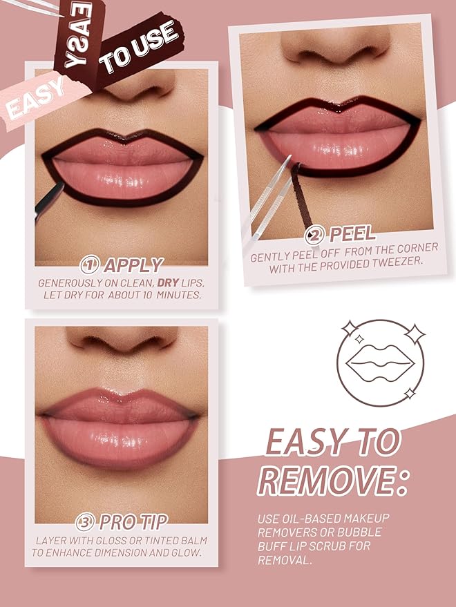Lip Stain Peel Off Lip Liner Stain with Tweezer, Long Lasting Matte Lip Tint Tattoo, Highly Pigmented Color Lip Makeup, Waterproof Lipstick, Transfer-proof Lipstain for Women, Chestnut Brown