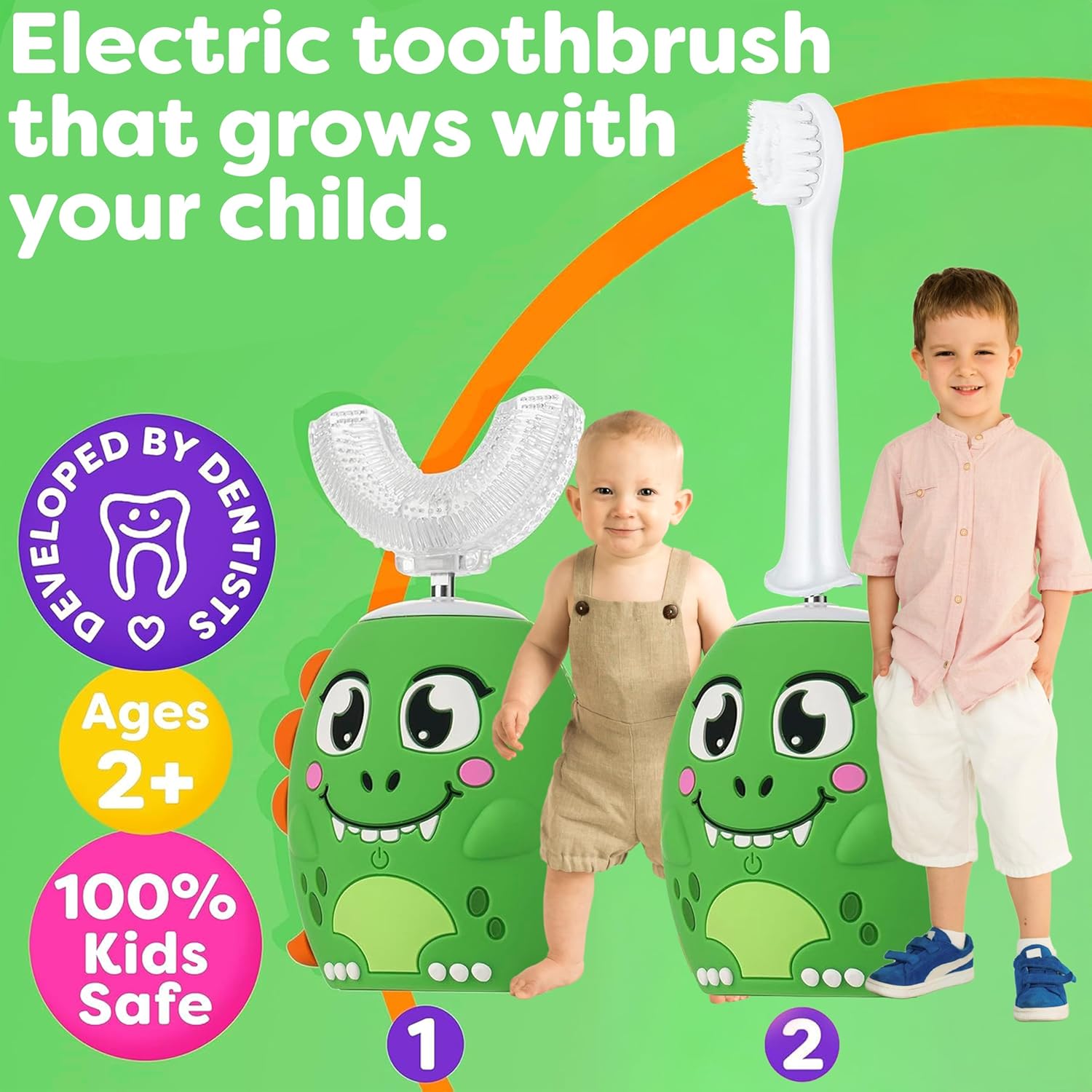 Trueocity Kids U Shape Toothbrush Auto Electric Toddler Rechargeable Kids Automatic Toothbrush | 360° U-Shaped Silicone Brush Head | Gentle Cleaning for Ages 2–7 | Dinosaur Design (Green)