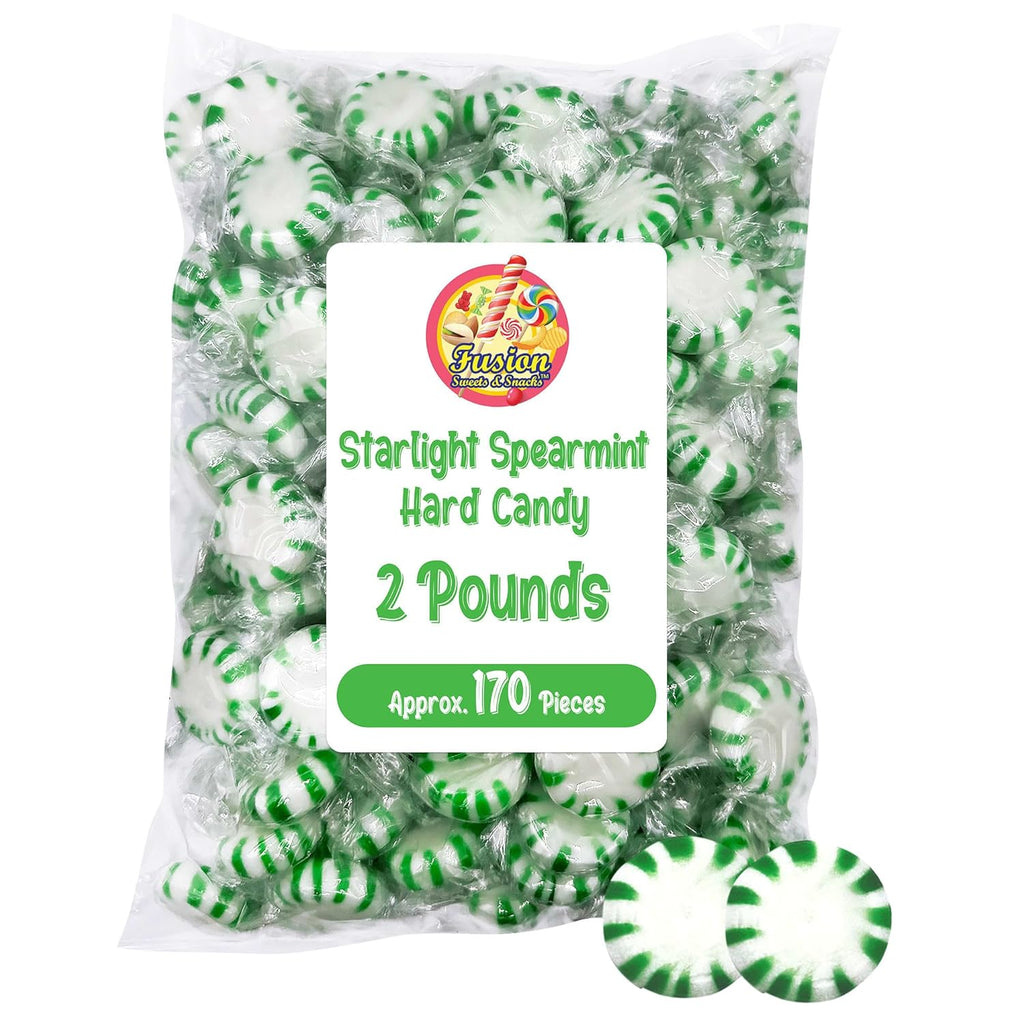 Starlight Spearmint Candy - 2 Pound Bulk (Approx 170 Pieces) Individually Wrapped Mints - Refreshing Green & White Spearmint Hard Candy Discs - Holiday Candy Spearmints