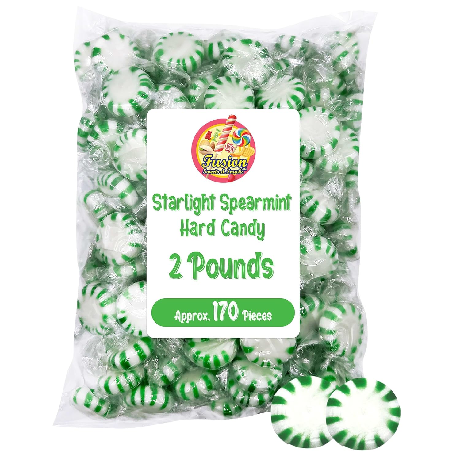 Starlight Spearmint Candy - 2 Pound Bulk (Approx 170 Pieces) Individually Wrapped Mints - Refreshing Green & White Spearmint Hard Candy Discs - Holiday Candy Spearmints