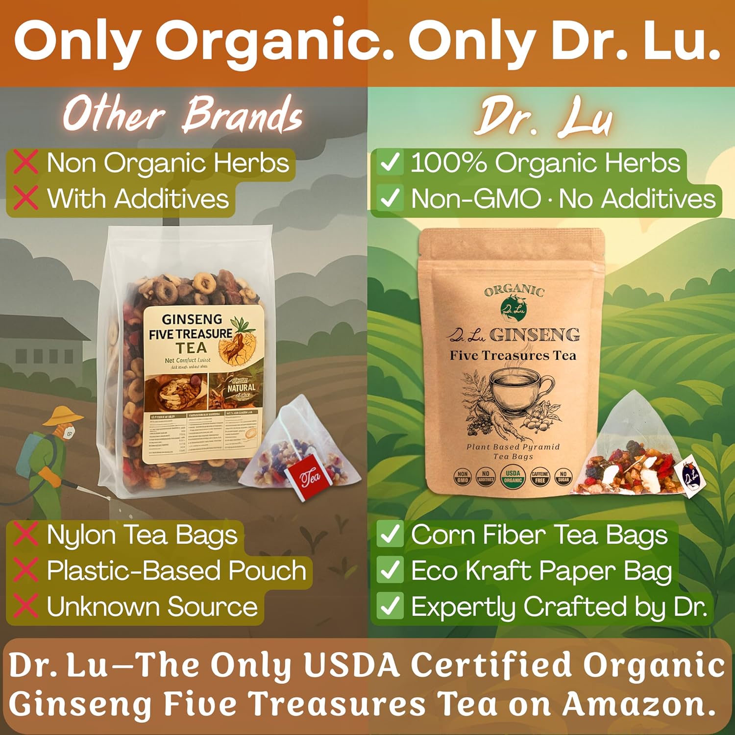 2 Pack of Dr. Lu’s Organic Ginseng Five Treasures Tea Kidney Tea | Ginseng Six Treasures tea for Kidney Cleanse Detox & Repair with Maca Root in Corn Fiber Pyramid Bags (No Plastic/Nylon) | Made in US