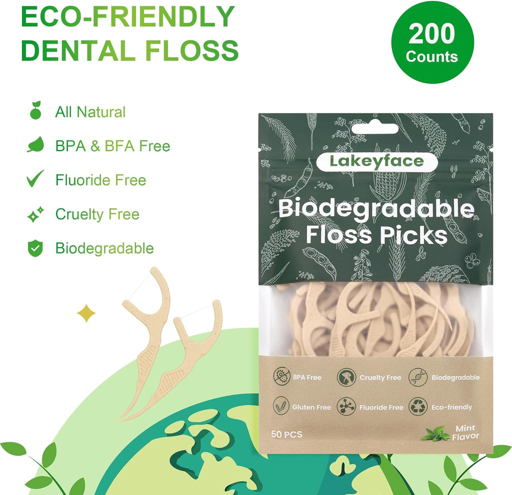 200 Count Biodegradable Dental Floss Picks, Eco Friendly Plant-Based Tooth Flossers for adults, Tear-Resistant Floss Sticks with Wide Handles, Vegan & BPA Free Dental Floss for Natural Oral Care, Mint