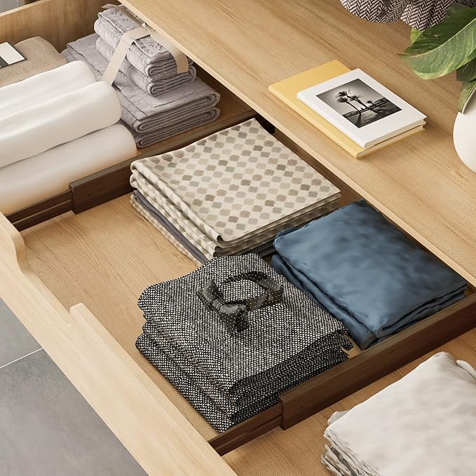 BAMEOS Drawer Divider,Expandable Bamboo Separators Adjustable Utensil Knife Fork Tool Kitchen Organizer, Clothes Fabric Drawer Organizer In Bathroom Bedroom Office, Cabinet Dresser Organizer 4-pack