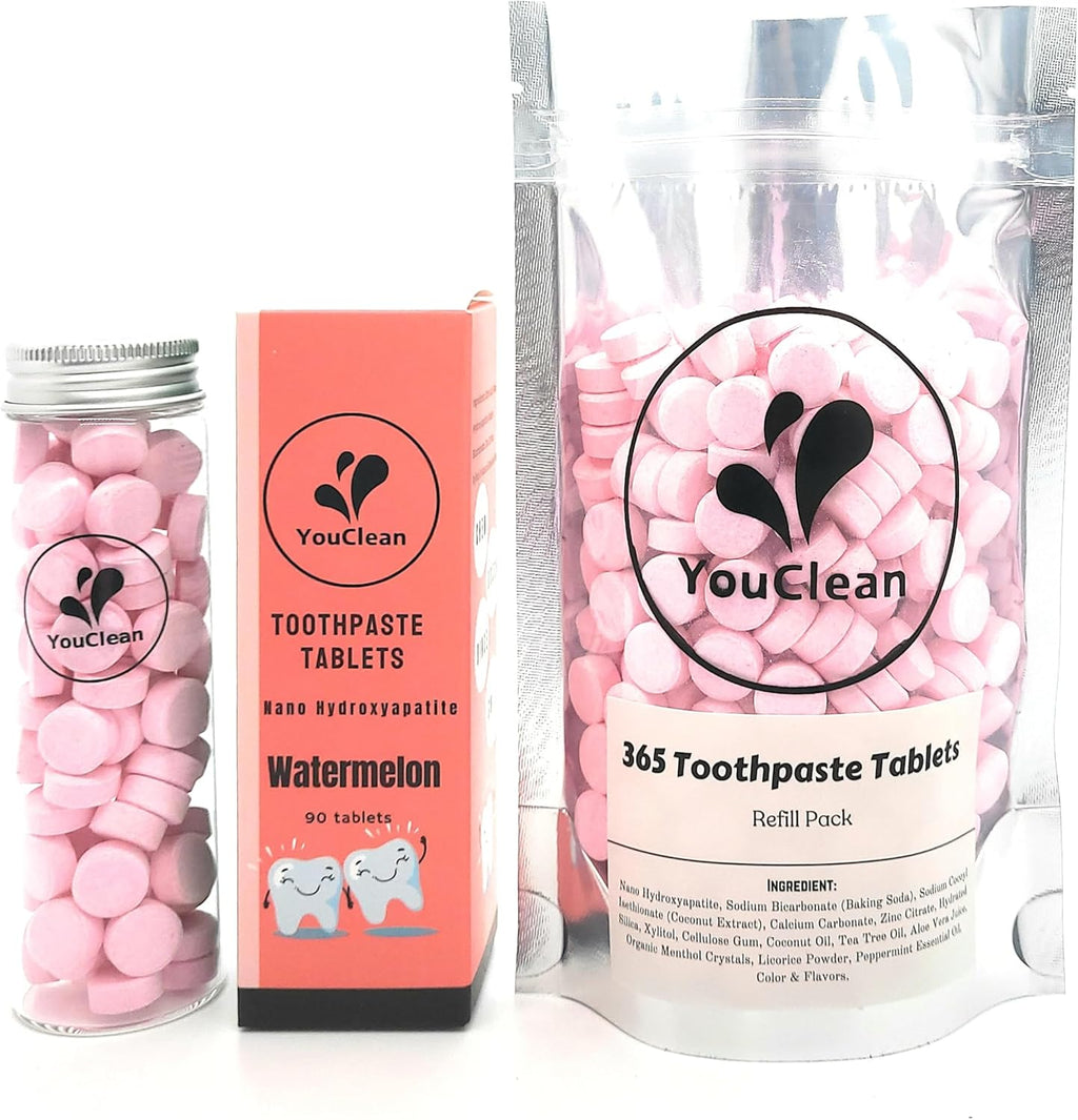 Refill Pack - 365 Toothpaste Tablets - Natural Remineralization & Whitening with Nano Hydroxyapatite - Travel or Daily Use - Fluoride Free (Watermelon365)