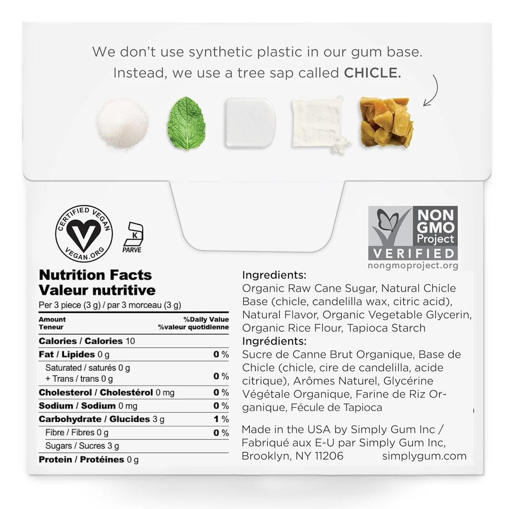 SIMPLY Gum Peppermint, Plastic-Free Natural Chewing Gum, 6 Pack (90 Pieces) | Vegan, Kosher, Non GMO, Aspartame Free and Sorbitol Free