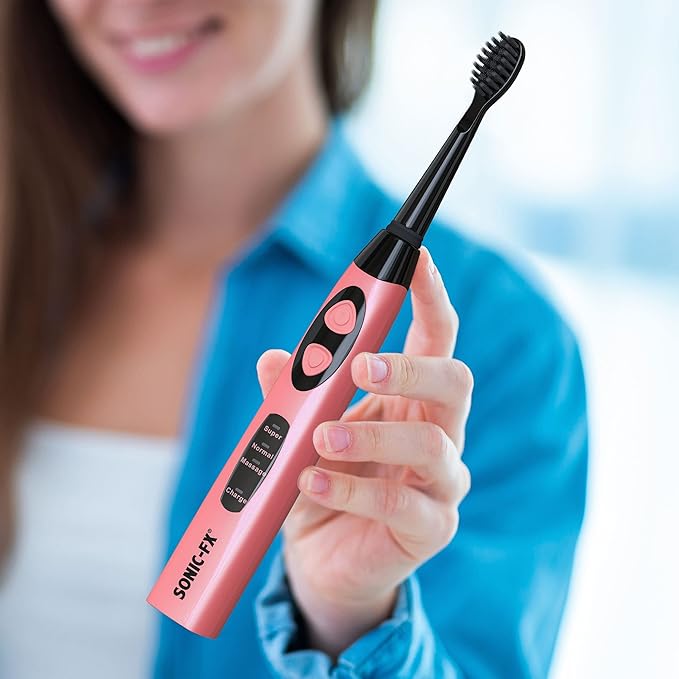 Sonic-FX Solo Electric Toothbrush w/ 10 Brush Heads + 1 Interdental, Charcoal Bristles, Rechargeable, Charging/Storage Base, 3 Brush Modes, Smart Timer, 2 Months Use on Full Charge, Coral Color