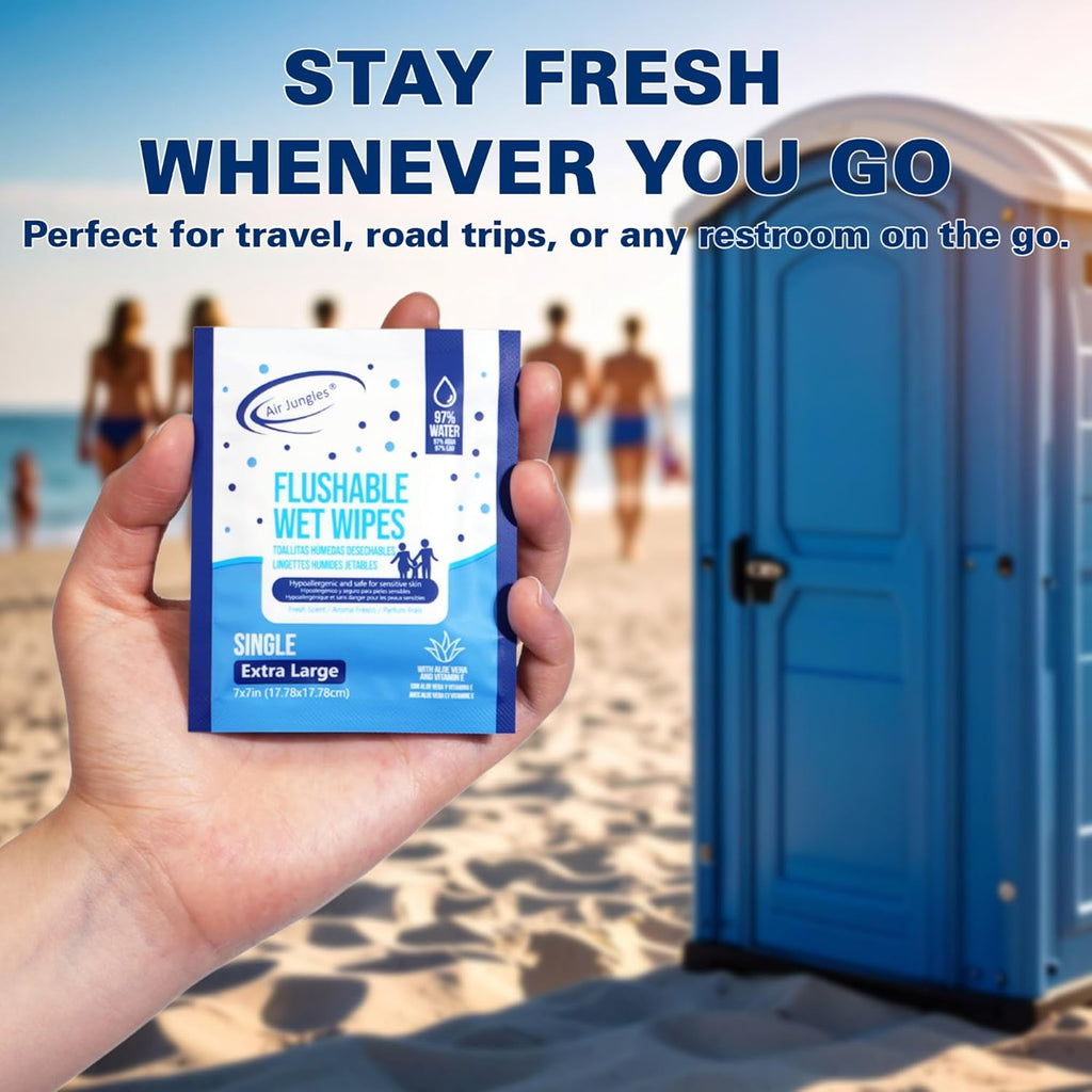 Air Jungles Flushable Wipes Individually Wrapped 50 Ct, with Aloe Vera & Vitamin E, Travel Size Wet Cleansing Wipes for Adult, Fresh Scent, Alcohol Free - XL 7 × 7 in