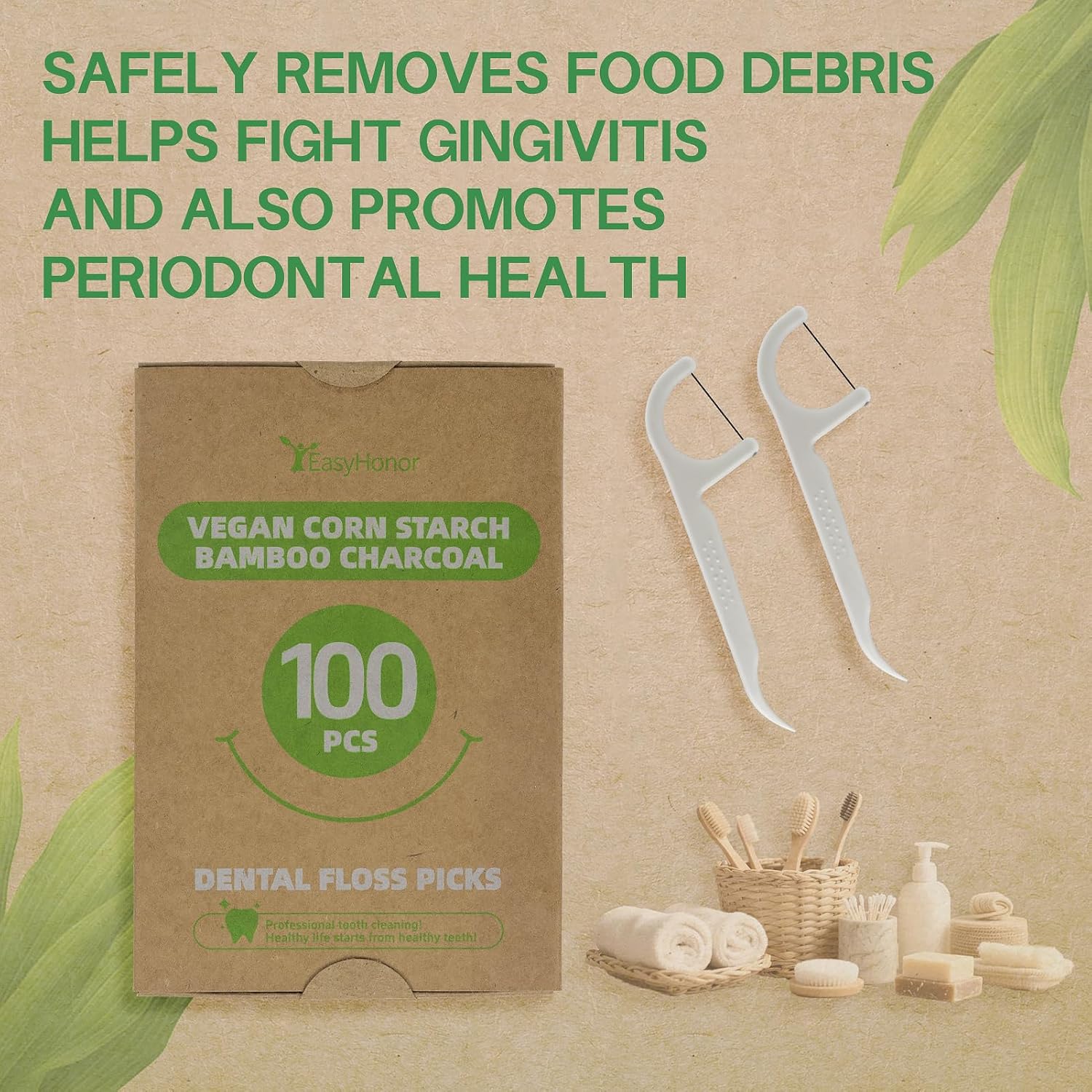 EasyHonor Organic Dental Floss Picks - Natural Biodegradable Floss Sticks with Strong Bamboo Charcoal Thread & Vegan Corn Starch Handle.(100PCS)